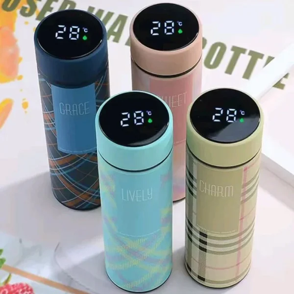 LED Temperature Display Water Bottle | Checkered Design  | Smart Stainless Steel Vacuum 500ml Flask | Random Color