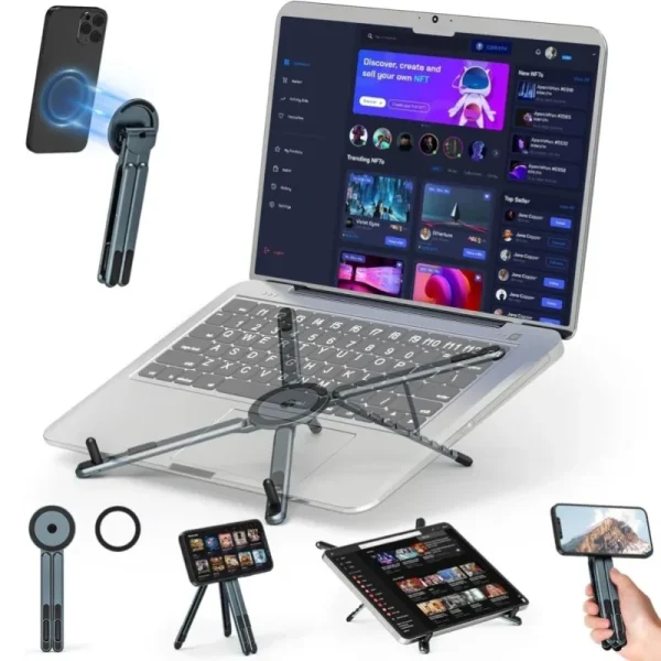 3-in-1 Magnetic Foldable  Stand |Model K001 | Aluminum Alloy Phone laptop & Tablet Holder | 8-Level Adjustable Height | 360° Rotating Base | Portable Travel Stand